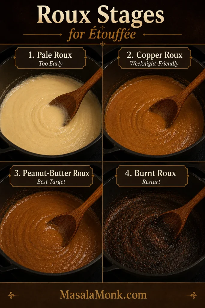 Roux stage guide showing pale, copper, peanut-butter, and burnt roux for Cajun étouffée