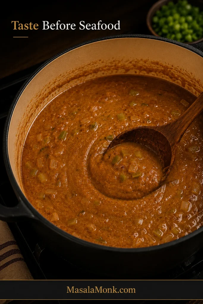 Glossy Cajun étouffée sauce in a pot before shrimp or crawfish is added