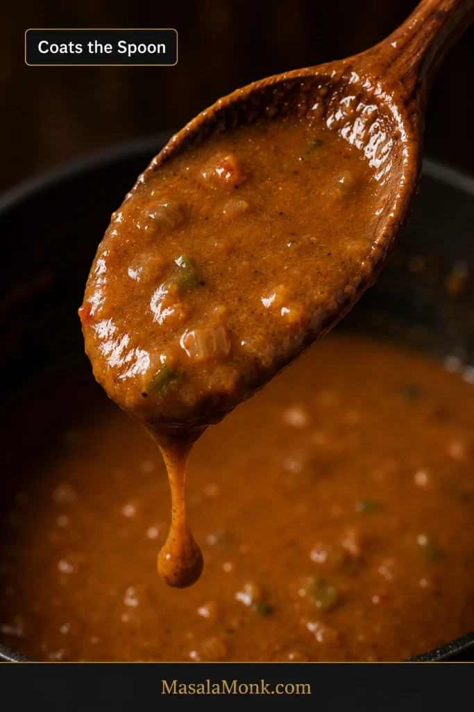 Thick Cajun étouffée sauce coating a wooden spoon with a slow drip