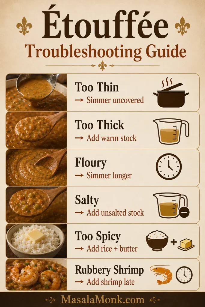 Troubleshooting guide for Cajun étouffée with fixes for thin, thick, floury, salty, spicy, and rubbery shrimp issues