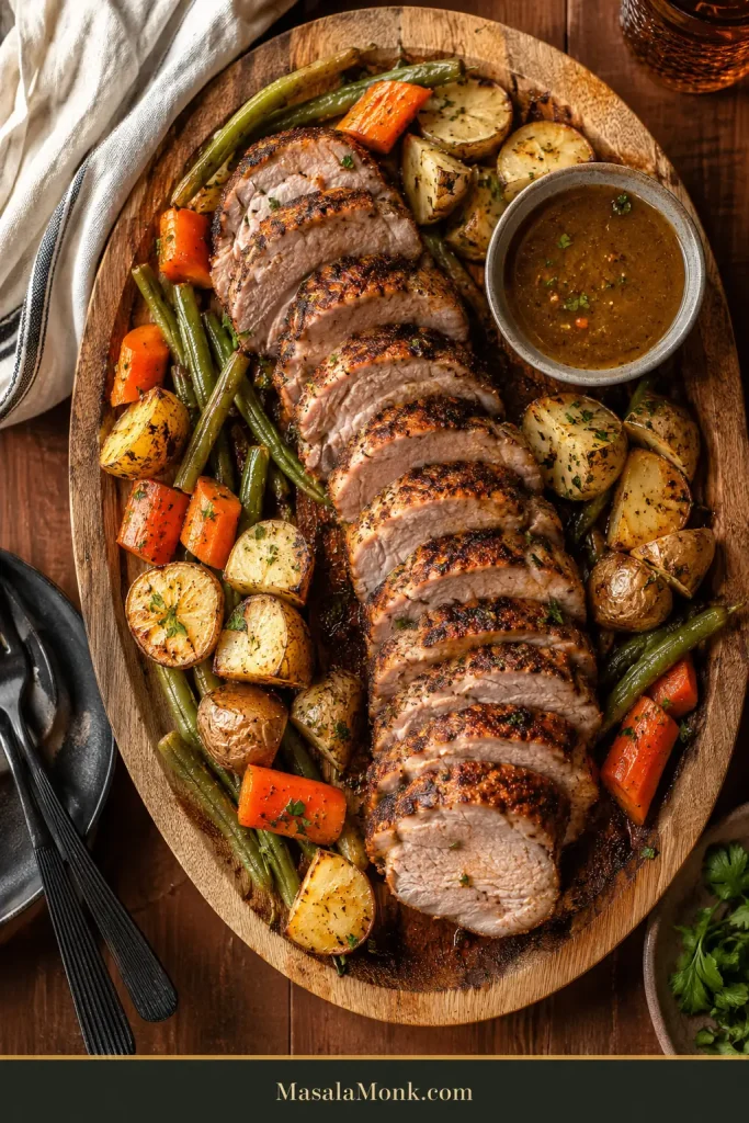 Family-style wooden platter with sliced pork tenderloin, roasted potatoes, carrots, green beans, herbs, and a bowl of sauce.