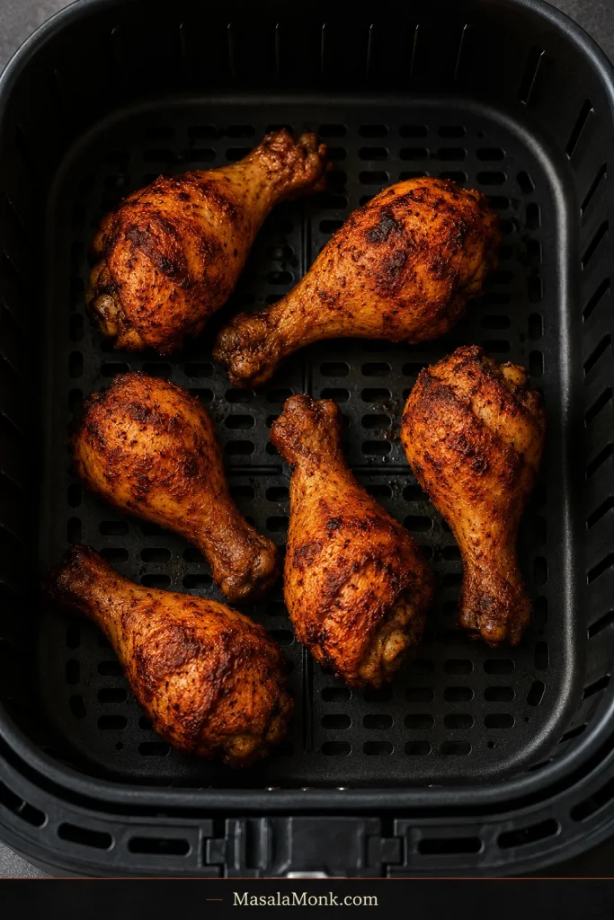 Cooked paprika-garlic chicken drumsticks arranged in a black air fryer basket with visible openings and varied browning.