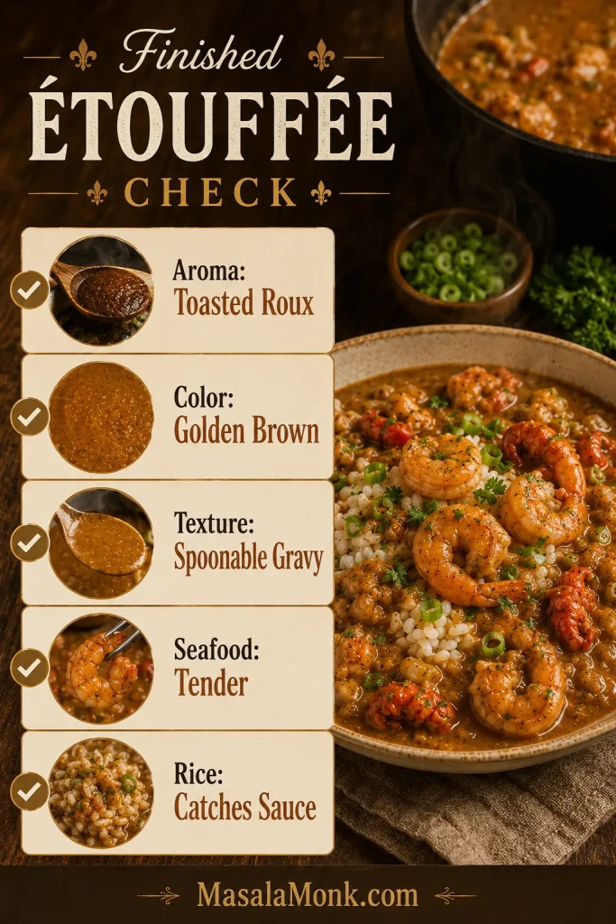 Finished étouffée checklist showing toasted roux aroma, golden color, spoonable texture, tender seafood, and rice