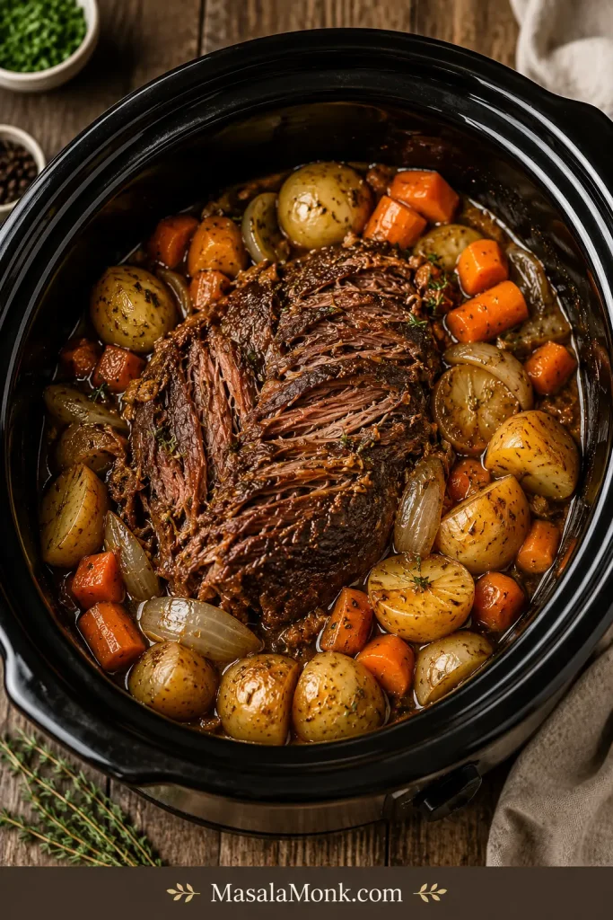 Finished pot roast in a slow cooker with tender beef, carrots, potatoes, onions, and glossy sauce.