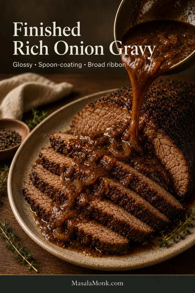 Deep brown onion gravy pouring in a broad glossy ribbon onto one slice of brisket while the other slices remain mostly uncovered.
