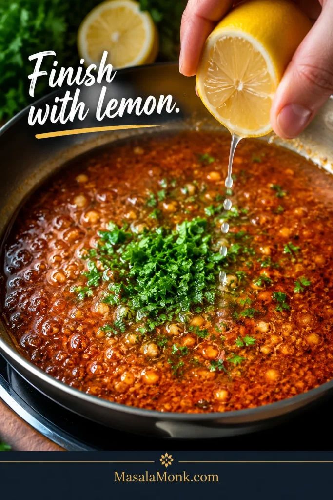 Lemon juice and parsley being added to seafood boil sauce.