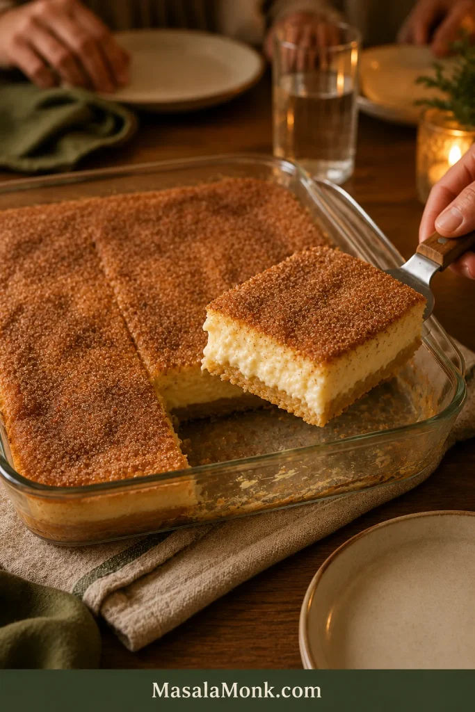 Hand lifting a warm corner bar from a mostly intact glass pan of Sopapilla Cheesecake on a softly lit shared table.