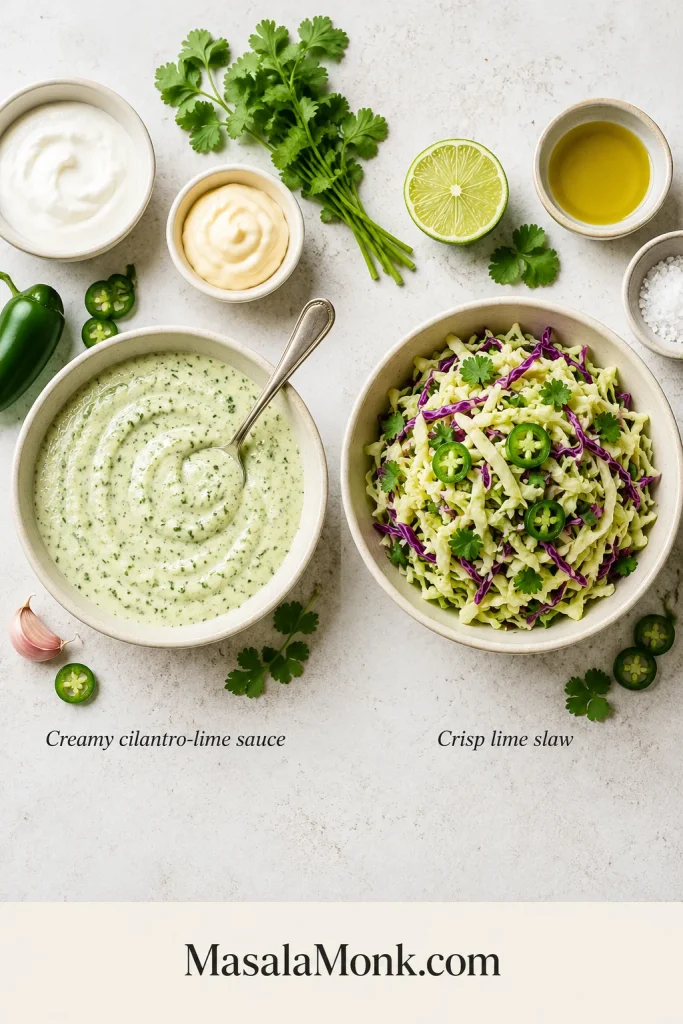Separate bowls of pale cilantro-lime sauce and green-and-purple cabbage slaw surrounded by yogurt, mayonnaise, cilantro, lime, jalapeño, garlic, oil and salt.