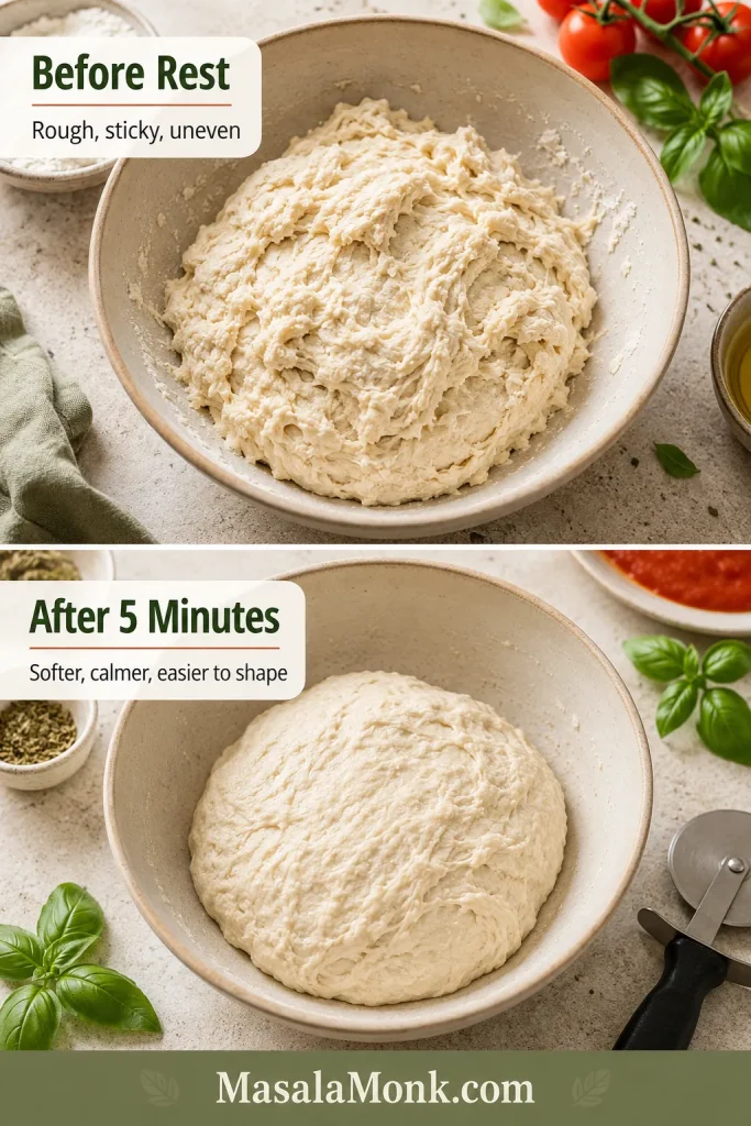 Before-and-after guide showing rough Greek yogurt pizza dough before resting and smoother dough after five minutes.