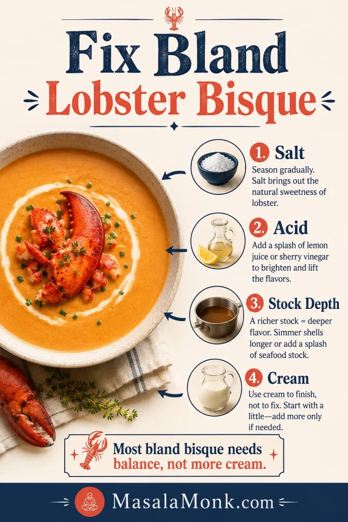 Troubleshooting infographic for bland lobster bisque with numbered steps for salt, acid, stock depth, and cream.
