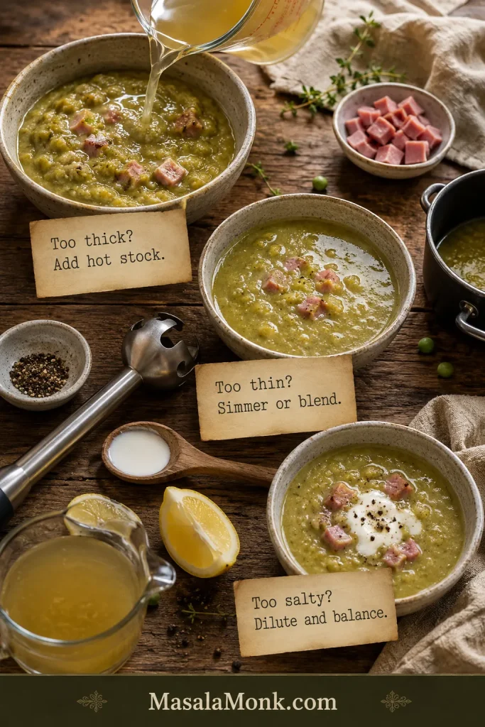 Troubleshooting board for pea and ham soup with bowls labeled too thick, too thin, and too salty.