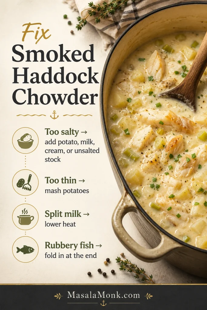 Troubleshooting guide for smoked haddock chowder with fixes for too salty, too thin, split milk, and rubbery fish.