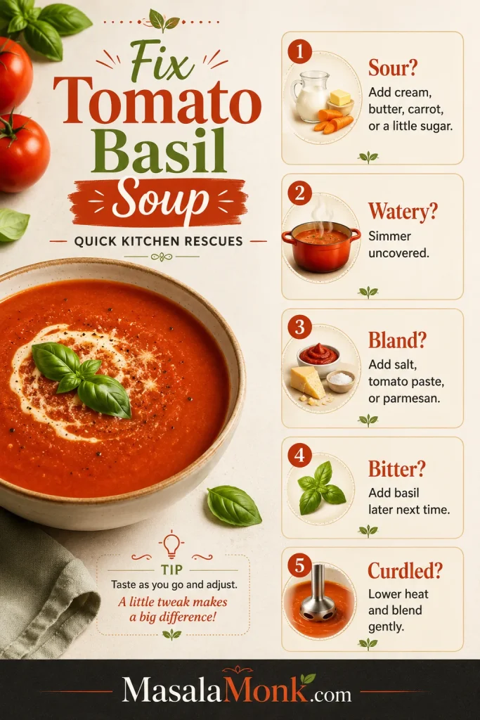 Troubleshooting guide for tomato basil soup with fixes for sour, watery, bland, bitter, and curdled soup.