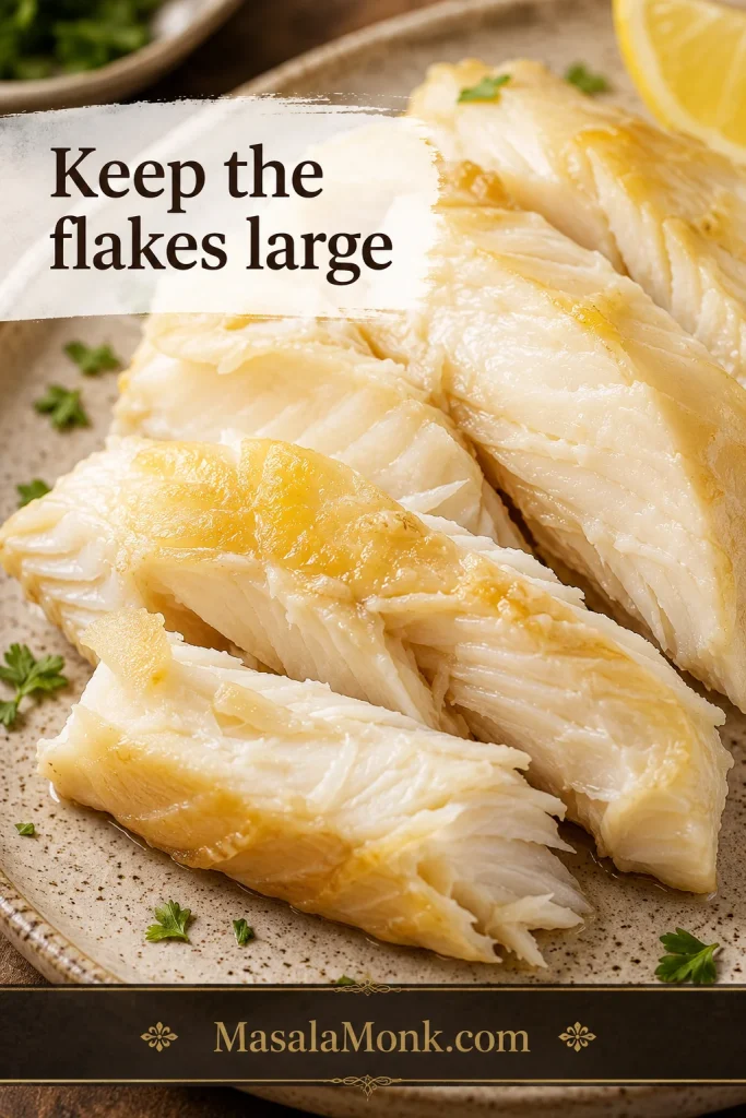 Large flakes of cooked smoked haddock on a plate with the text “Keep the flakes large.”
