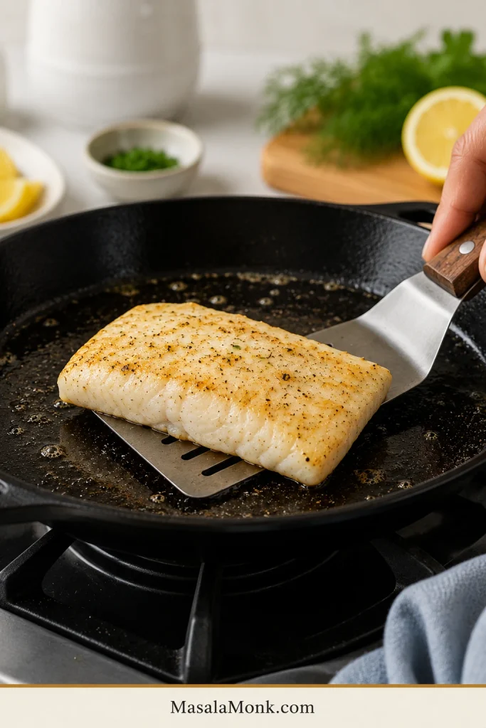 Thin fish spatula supporting a delicate rockfish fillet during a gentle flip in a skillet.