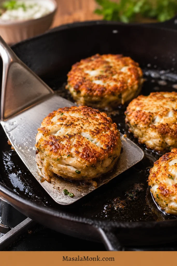 A crab cake being flipped cleanly with a wide metal spatula in a skillet.