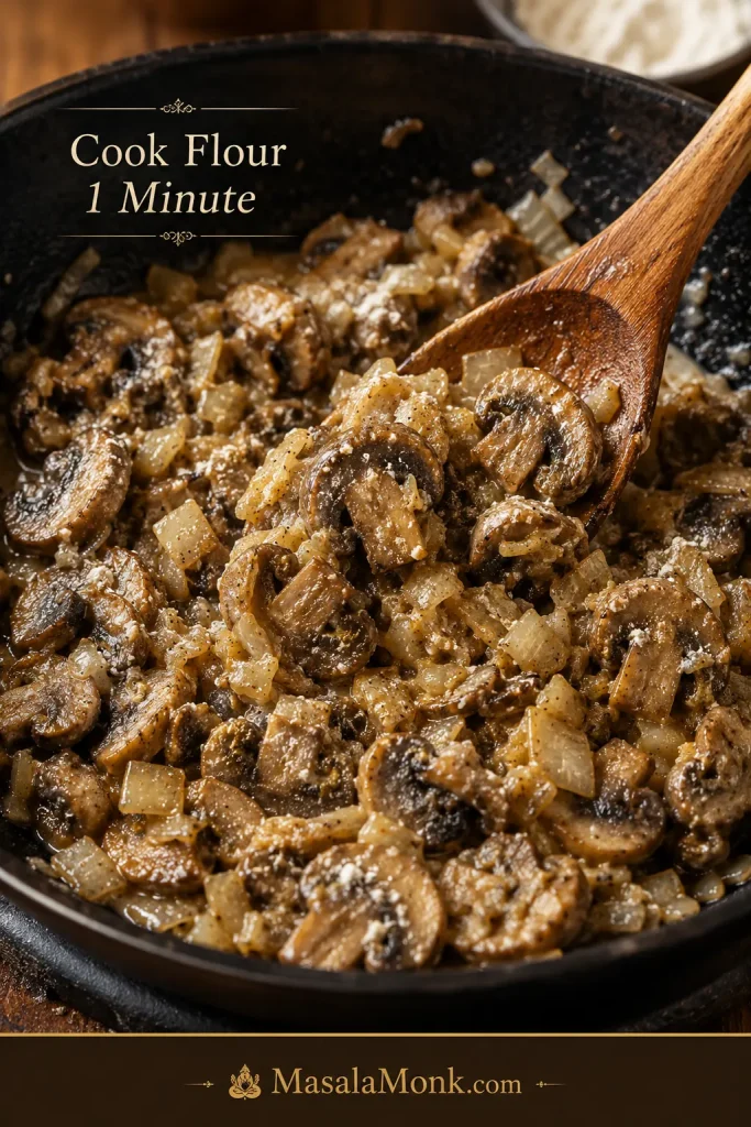 Flour stirred into cooked mushrooms and onions in a skillet before adding broth.