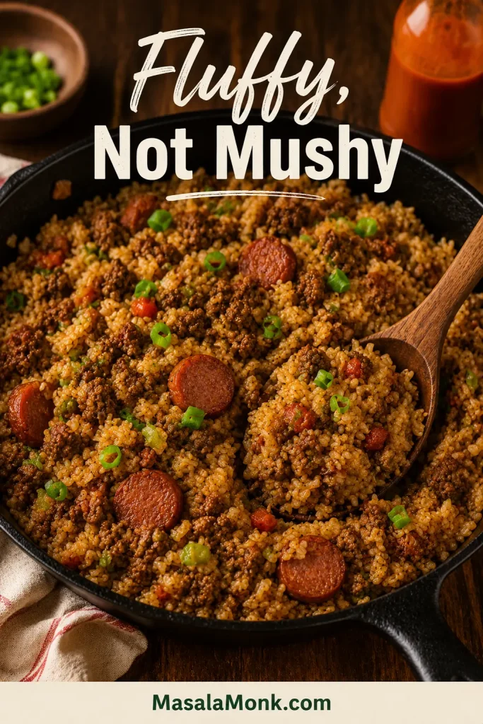 Finished dirty rice in a skillet with separate brown rice grains, browned meat, sausage, green onions, and a spoon pulled through the pan.