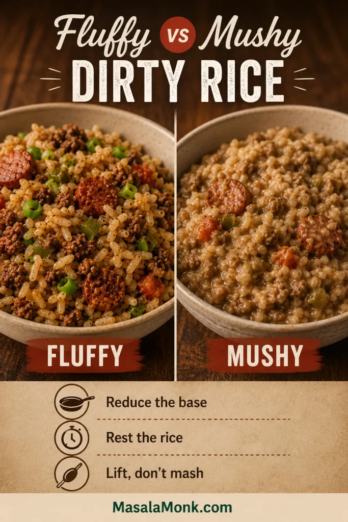 Split-screen guide comparing fluffy dirty rice with separate grains and mushy dirty rice with wetter, clumped grains.