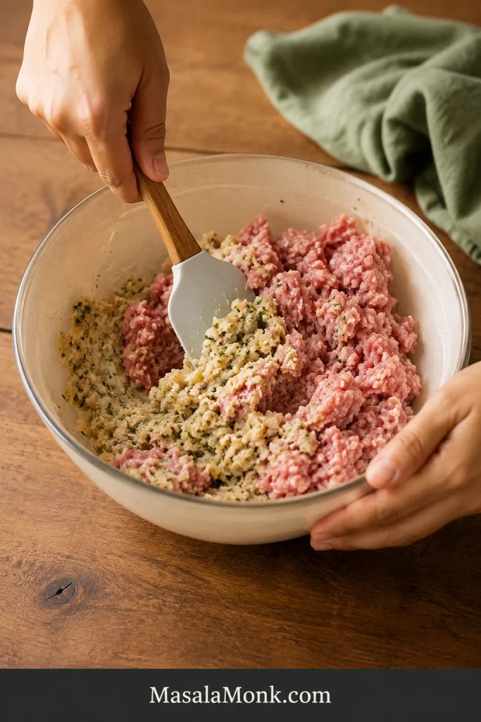 Hands folding cold ground pork into a hydrated panko panade in a mixing bowl on a wooden work surface.
