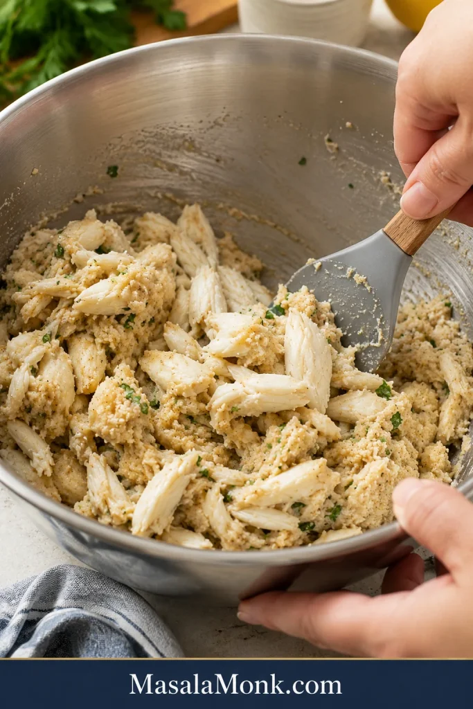 A spatula gently folding lump crab into crab cake mixture in a bowl.