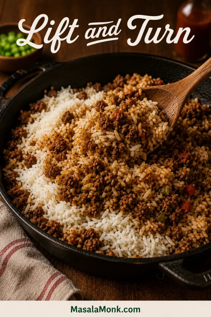 Cooked white rice being folded into a browned meat, sausage, and vegetable base in a cast-iron skillet.