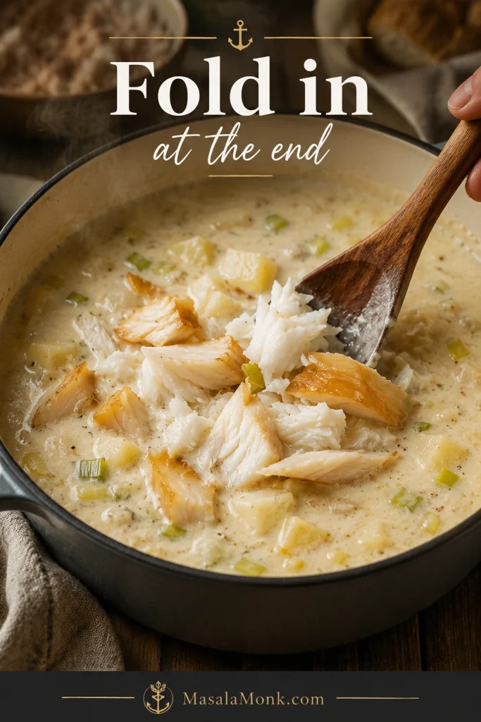 Large flakes of smoked haddock being folded into creamy chowder in a pot with a wooden spoon.