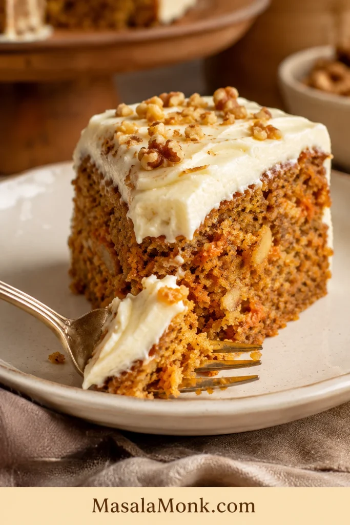 Fork cutting into a slice of carrot cake with cream cheese frosting and visible orange carrot flecks.