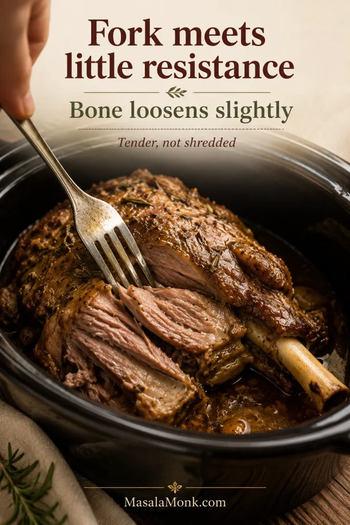 Fork twisting gently into slow-cooked leg of lamb near the bone, with tender meat separating in broad pieces.