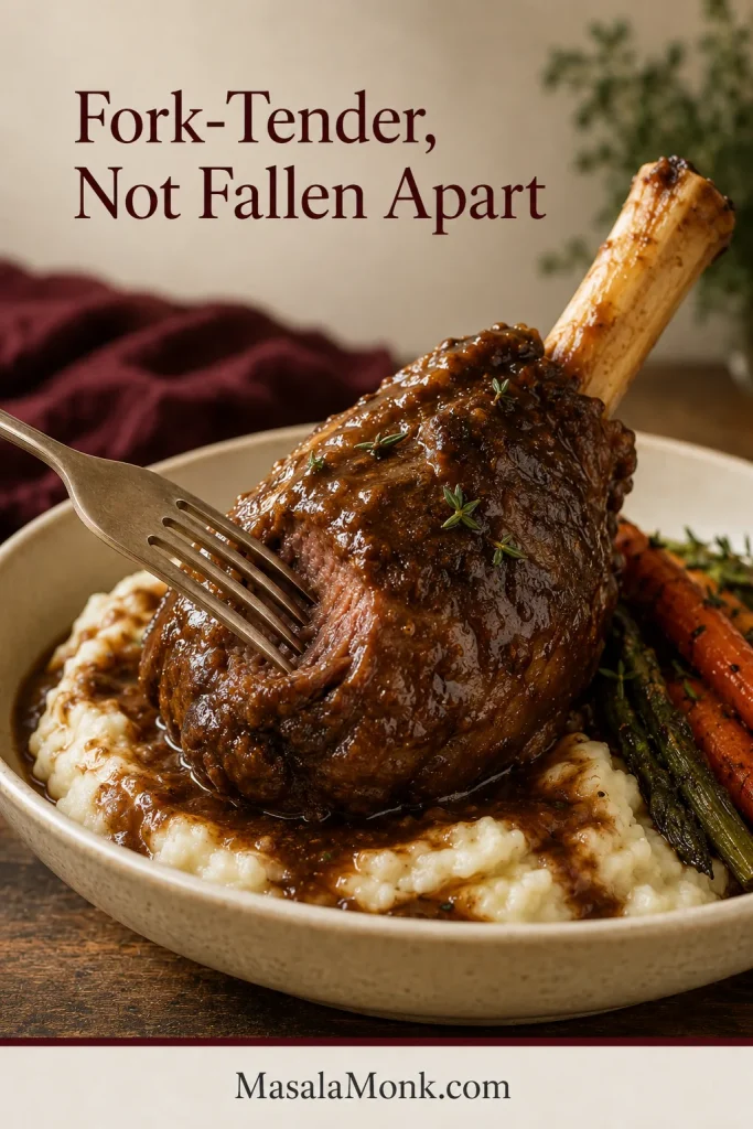Close-up of a fork pulling moist fibres from a gravy-coated lamb shank served over mashed potatoes.
