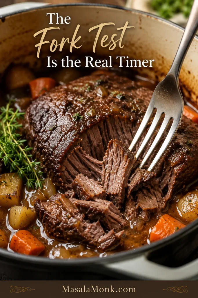 Fork pulling apart tender slow cooker pot roast to show the fork test for doneness.