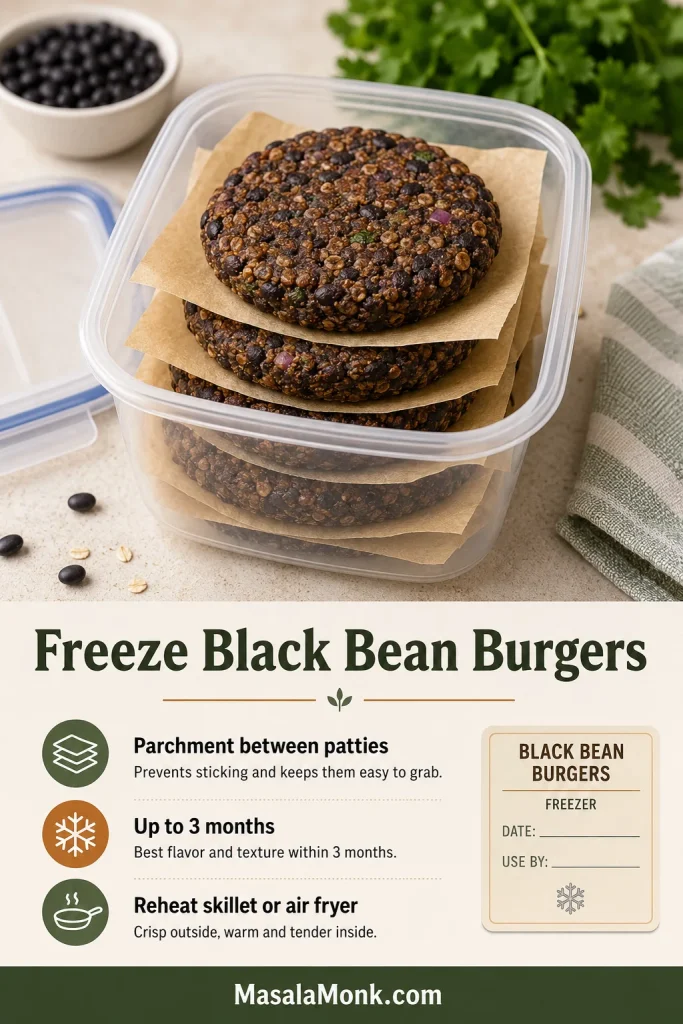 Black bean burger patties stacked in a freezer-safe container with parchment between each patty and a guide for freezing and reheating.
