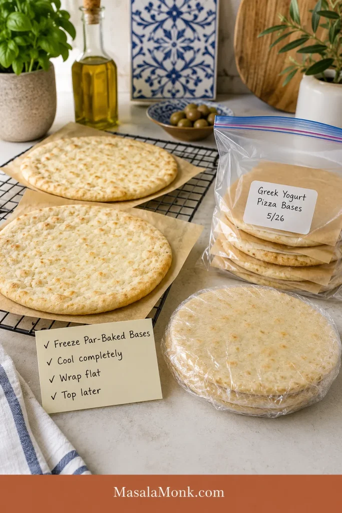 Par-baked Greek yogurt pizza bases cooling on a rack and stacked with parchment in a freezer bag.