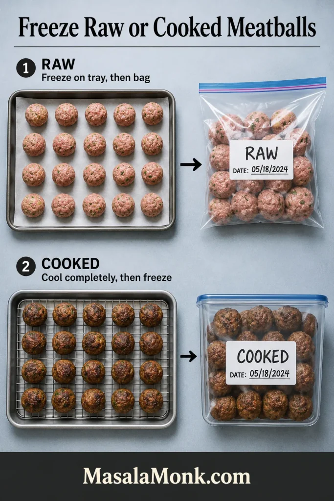Freezer guide showing raw pork meatballs frozen on a tray and bagged, and cooked meatballs cooled on a rack and stored in a labeled container.