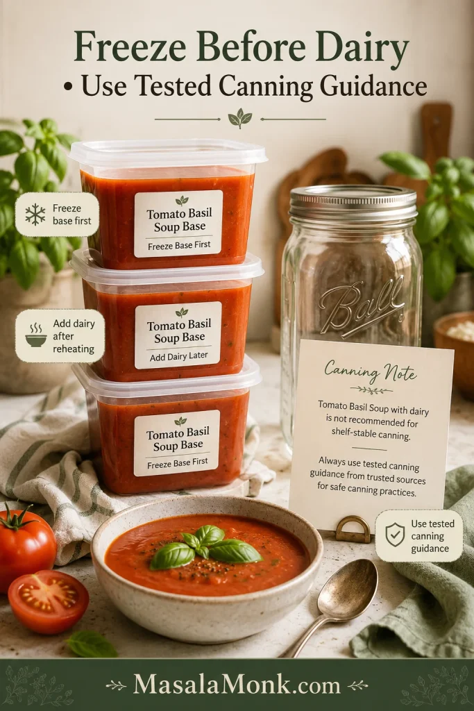 Tomato basil soup base stored in freezer containers beside a canning guidance note, empty jar, basil, and a finished bowl of soup.
