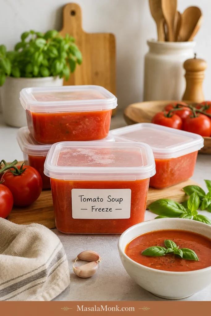 Fresh tomato soup stored in freezer-safe containers labeled for freezing, with a bowl of soup nearby.