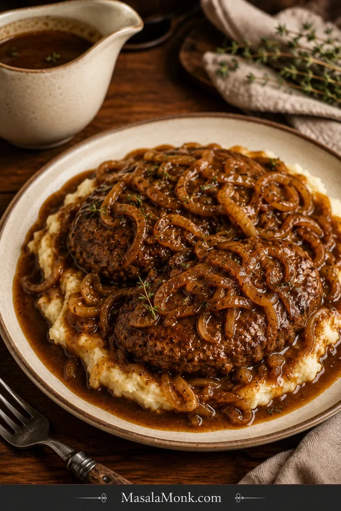 French onion Salisbury steak with oval patties, mashed potatoes, glossy brown onion gravy, and caramelized onion ribbons.