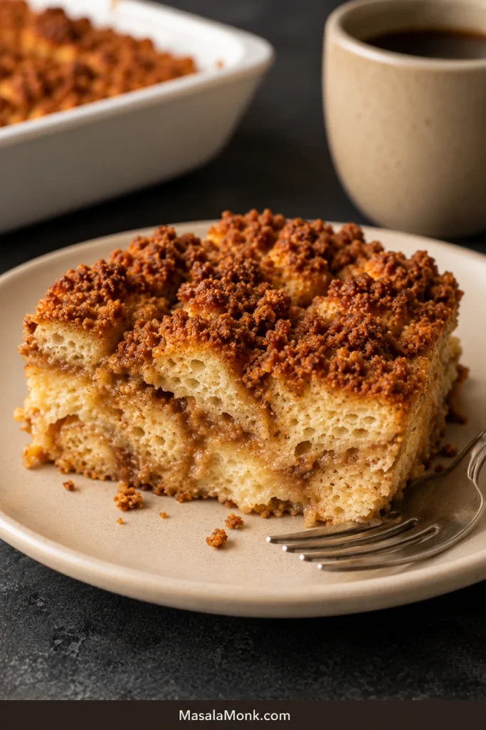 Slice of overnight French toast casserole with crisp cinnamon streusel, distinct bread pieces and a softly set custardy center
