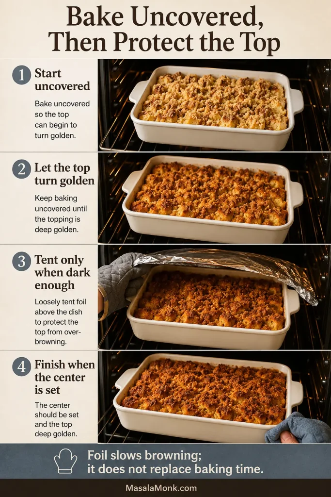 Four-stage guide showing French toast casserole starting uncovered, browning, loosely tented with foil and finishing fully baked.