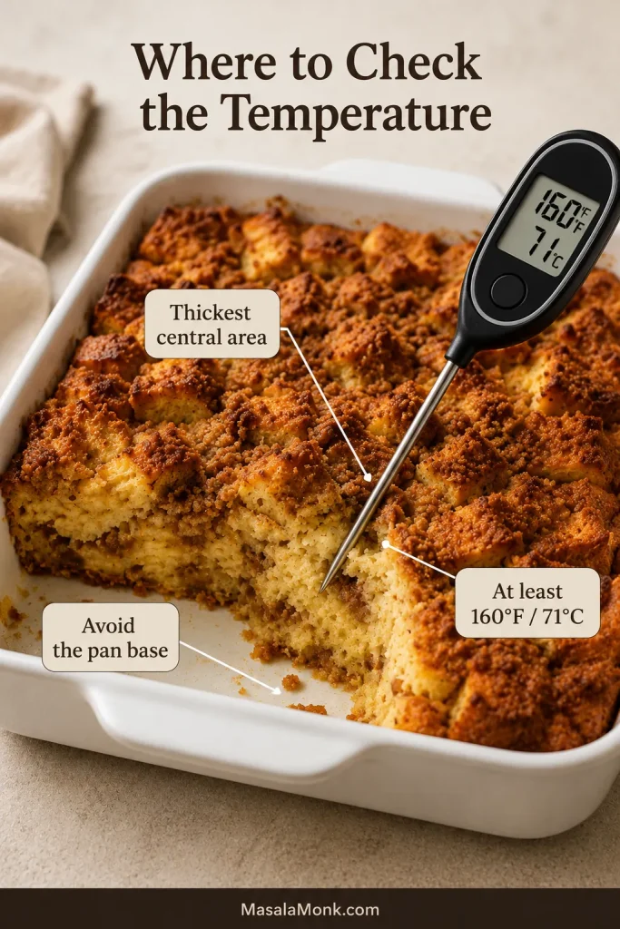 Instant-read thermometer inserted into the thick center of French toast casserole without touching the ceramic pan.