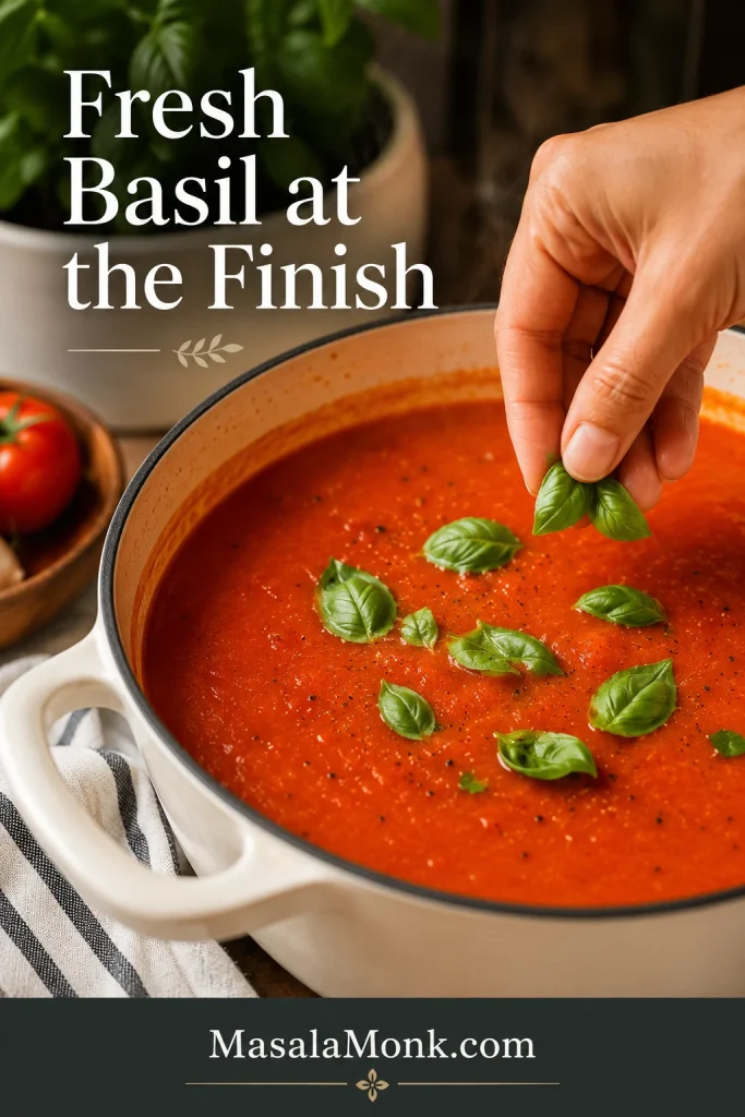 Fresh basil leaves being added to hot tomato soup near the end of cooking.