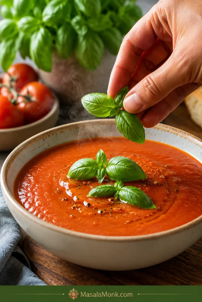 Fresh basil leaves being added to warm tomato soup.