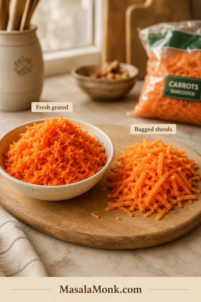 Two bowls comparing fine fresh grated carrots with thicker packaged carrot shreds.