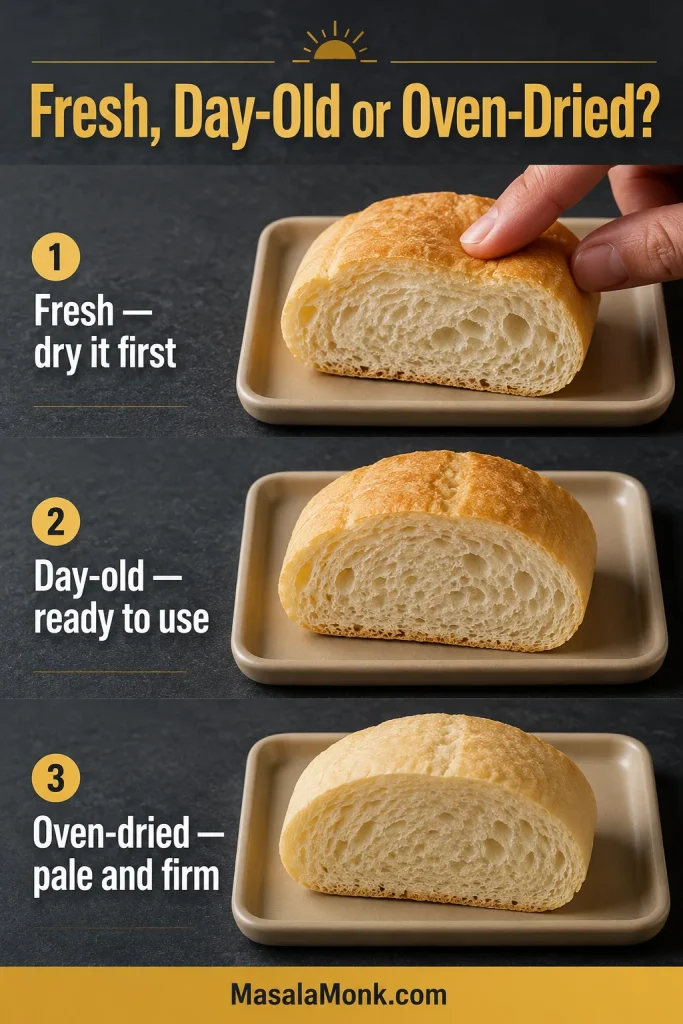 The same French bread compared when fresh and soft, day-old and resilient, and pale after oven-drying.