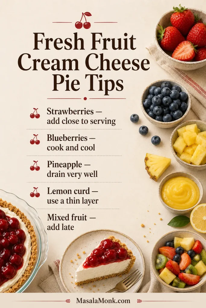 Fresh fruit cream cheese pie tips guide with strawberries, blueberries, pineapple, lemon curd, and mixed fruit.