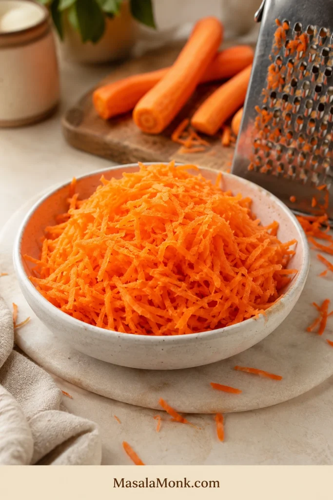 Freshly grated carrots in a bowl beside a box grater and whole carrots on a warm kitchen surface.