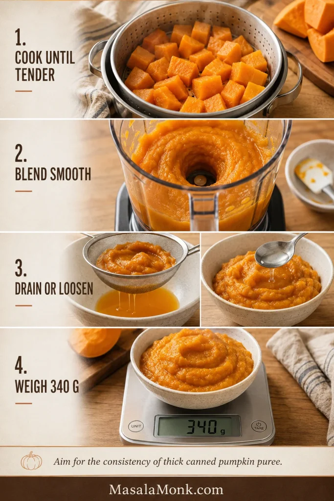 Four-step fresh pumpkin puree process showing peeled pumpkin cooking, blending, draining or loosening, and weighing 340 g.