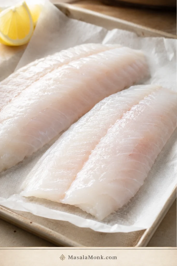 Fresh raw rockfish fillets with moist white flesh arranged on parchment paper.