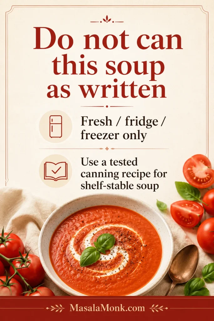 A safety card stating not to can this soup as written and to use a tested canning recipe for shelf-stable soup.