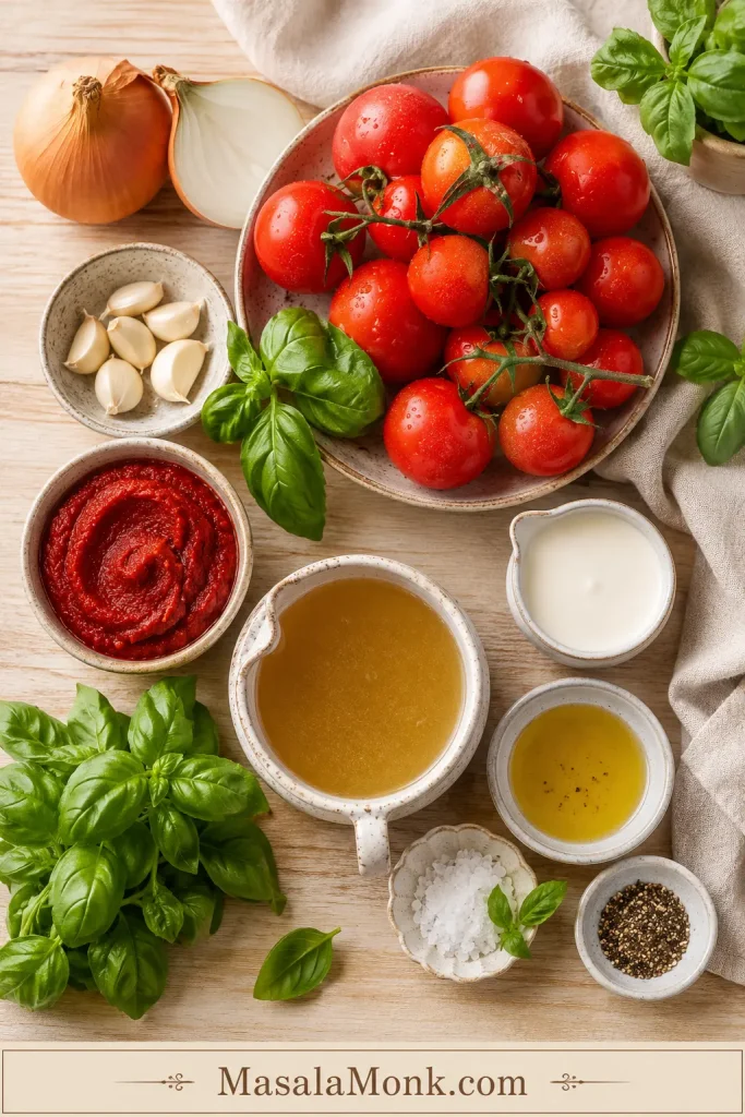 Fresh tomato soup ingredients arranged overhead, including tomatoes, onion, garlic, basil, tomato paste, broth, cream, oil, salt, and pepper.